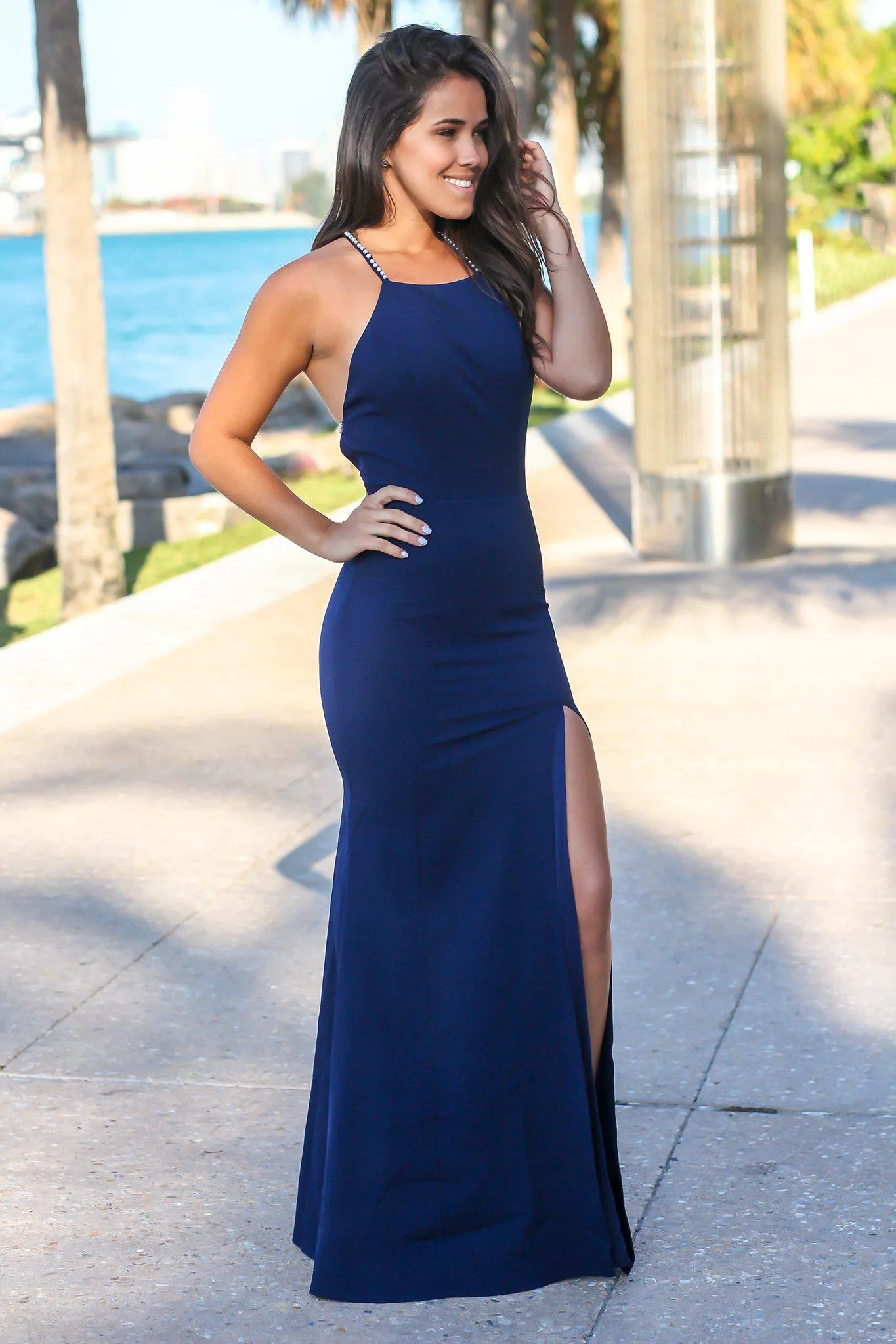 Navy Maxi Dress with Strappy Back and Pearl Detail
