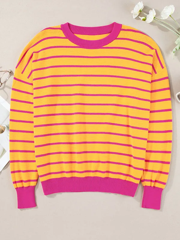 Orange Striped Round Neck Drop Shoulder Sweater