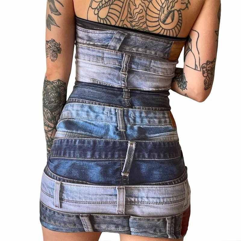 Printed Denim strappy dress