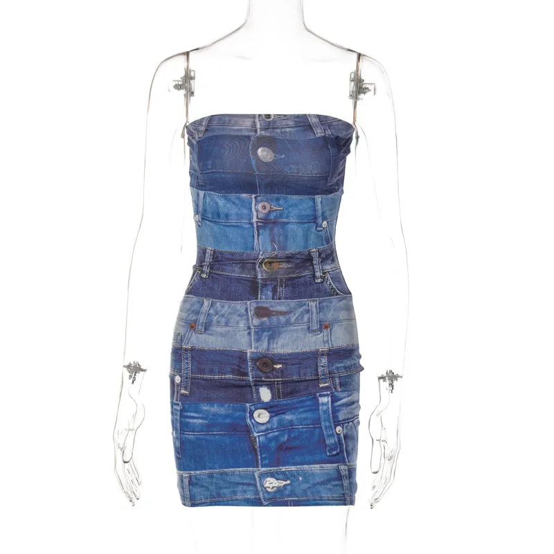 Printed Denim strappy dress