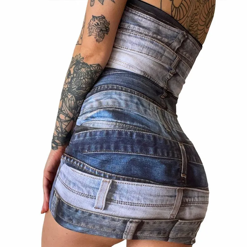 Printed Denim strappy dress