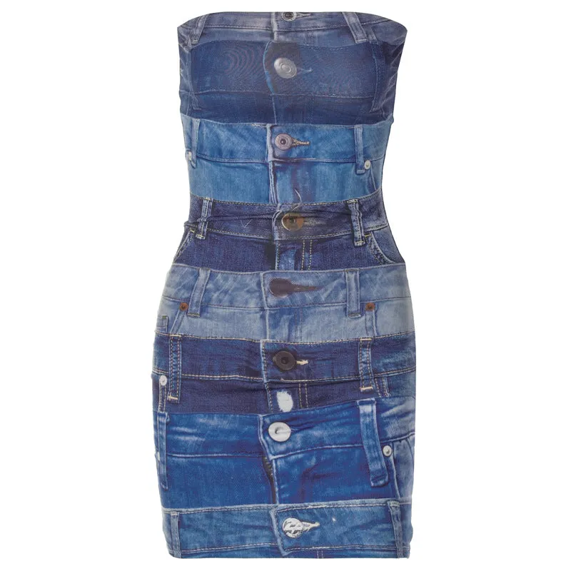Printed Denim strappy dress