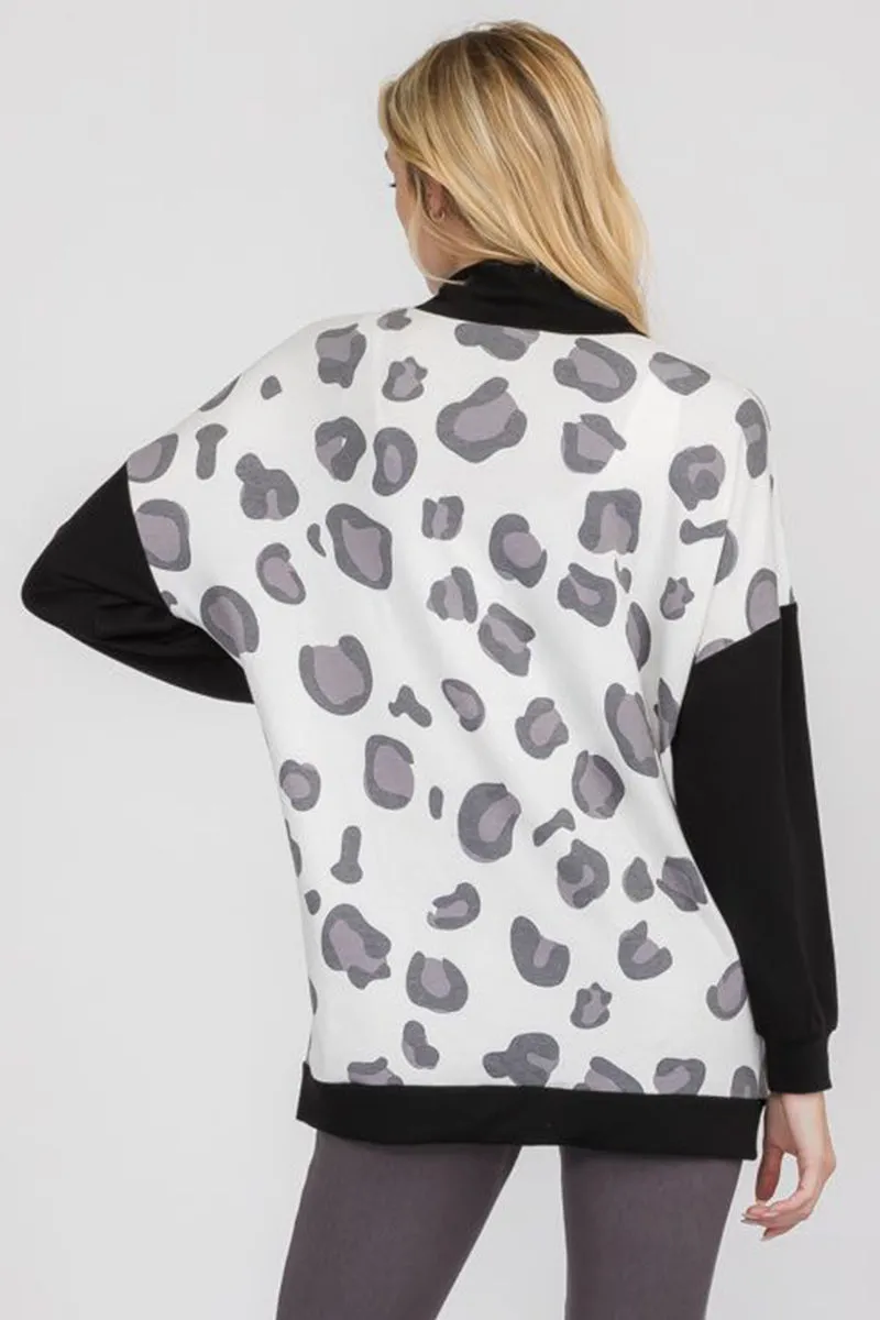 Scattered Leopard Print Mock Neck Sweater