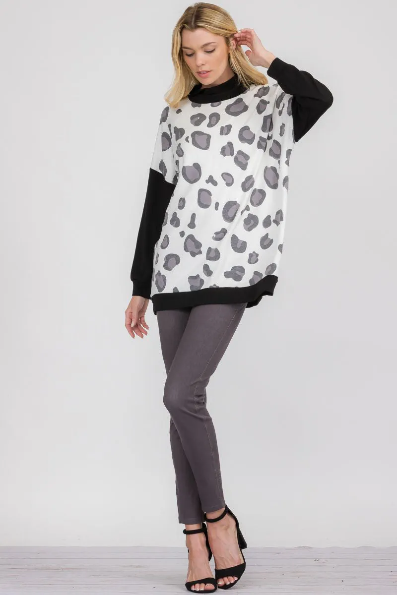 Scattered Leopard Print Mock Neck Sweater