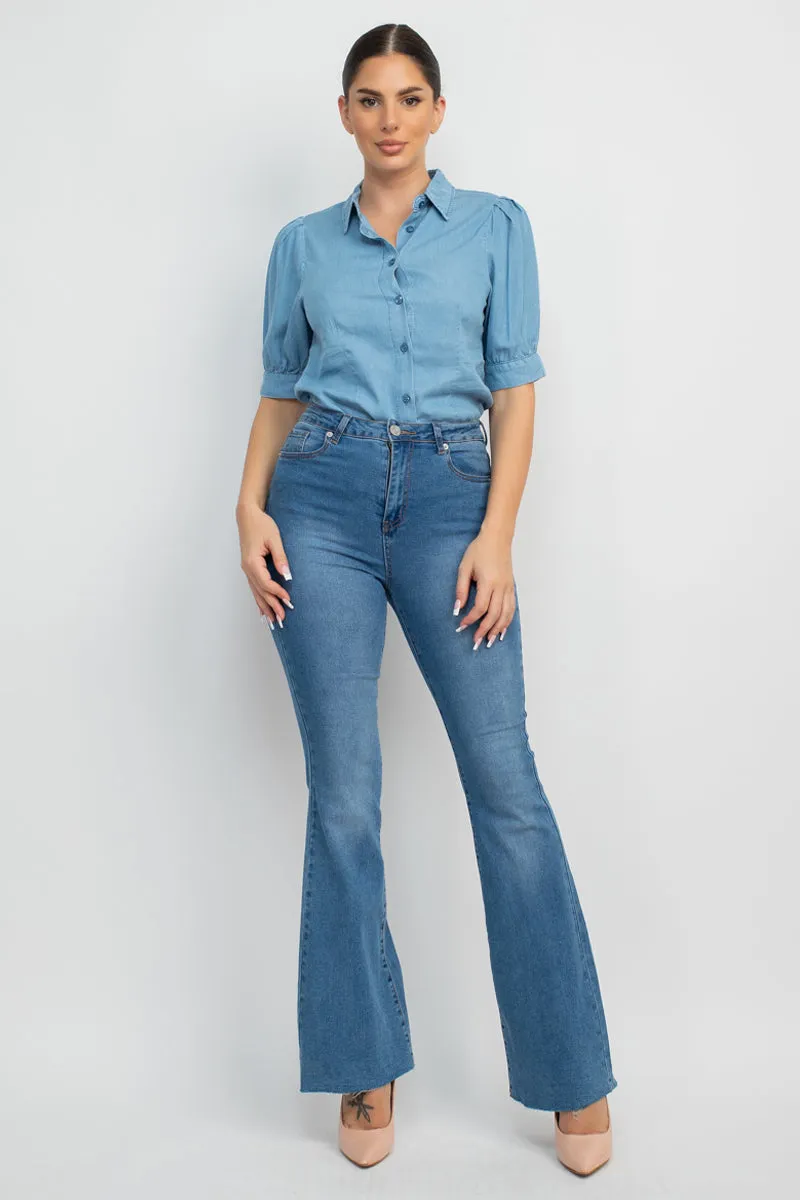 Summer Gardenia Button-down Denim Shirt Top