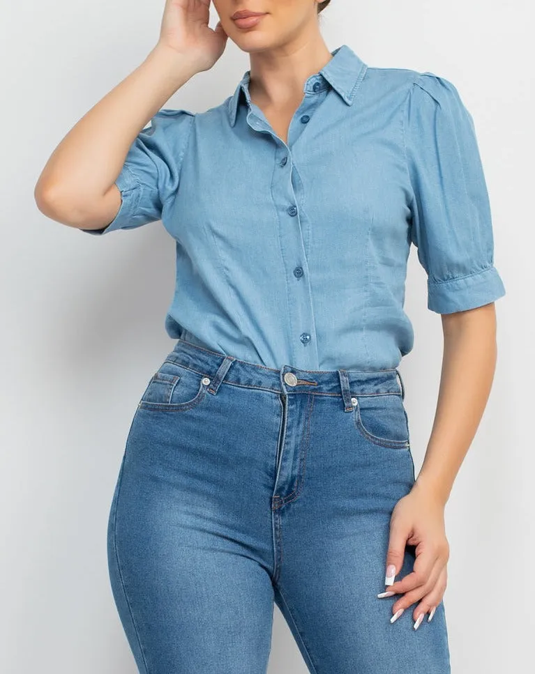 Summer Gardenia Button-down Denim Shirt Top