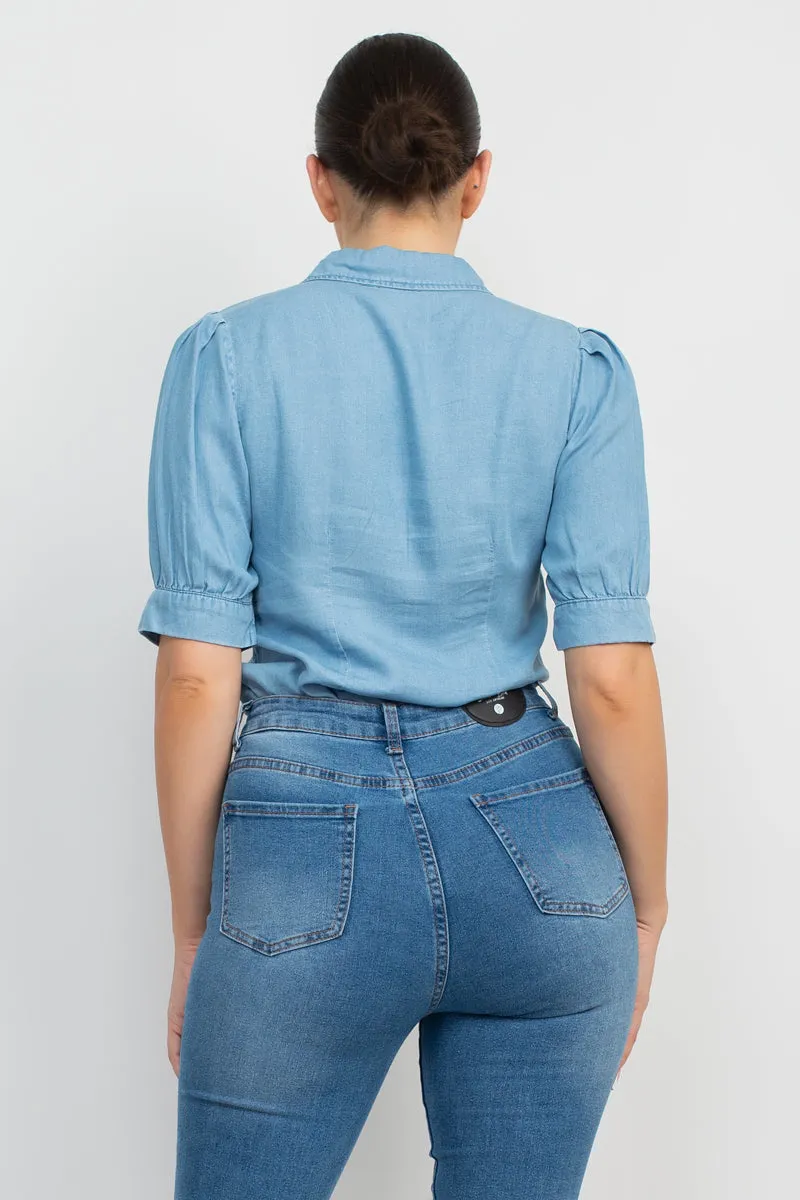 Summer Gardenia Button-down Denim Shirt Top