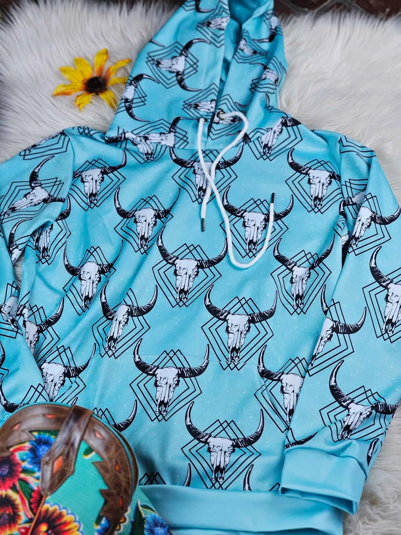 Teal Steer Skull Hoodie