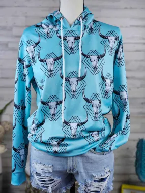 Teal Steer Skull Hoodie