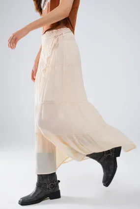 Tiered Maxi Skirt In Beige With Elastic Waist And Shell Details