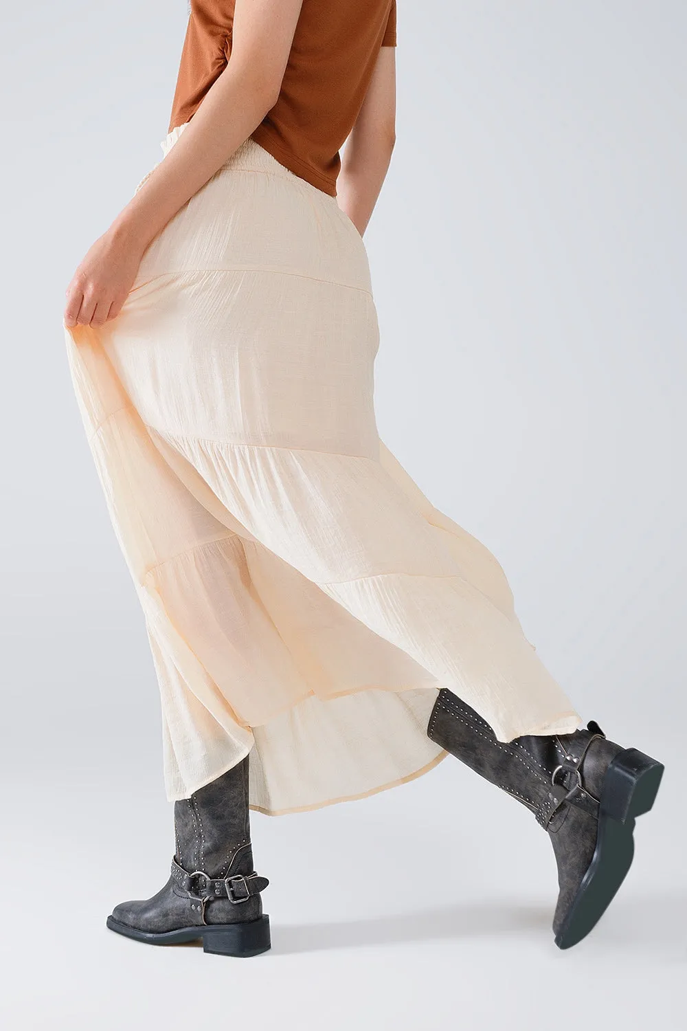 Tiered Maxi Skirt In Beige With Elastic Waist And Shell Details