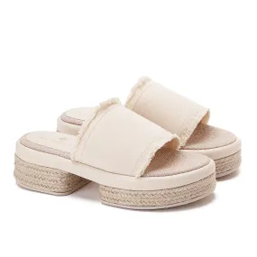 Wide Burlap Wedge Sandals - Beige