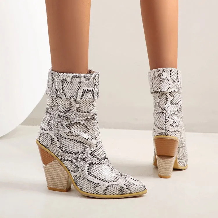 Women's Crocodile Pattern Fold Block Chunky Heel Short Boots