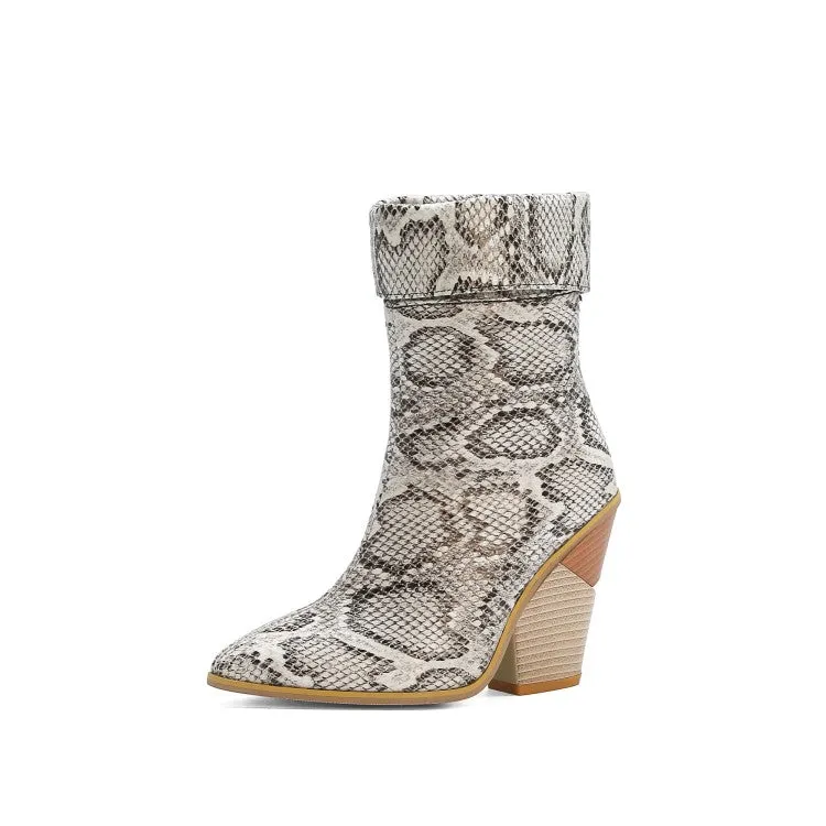 Women's Crocodile Pattern Fold Block Chunky Heel Short Boots