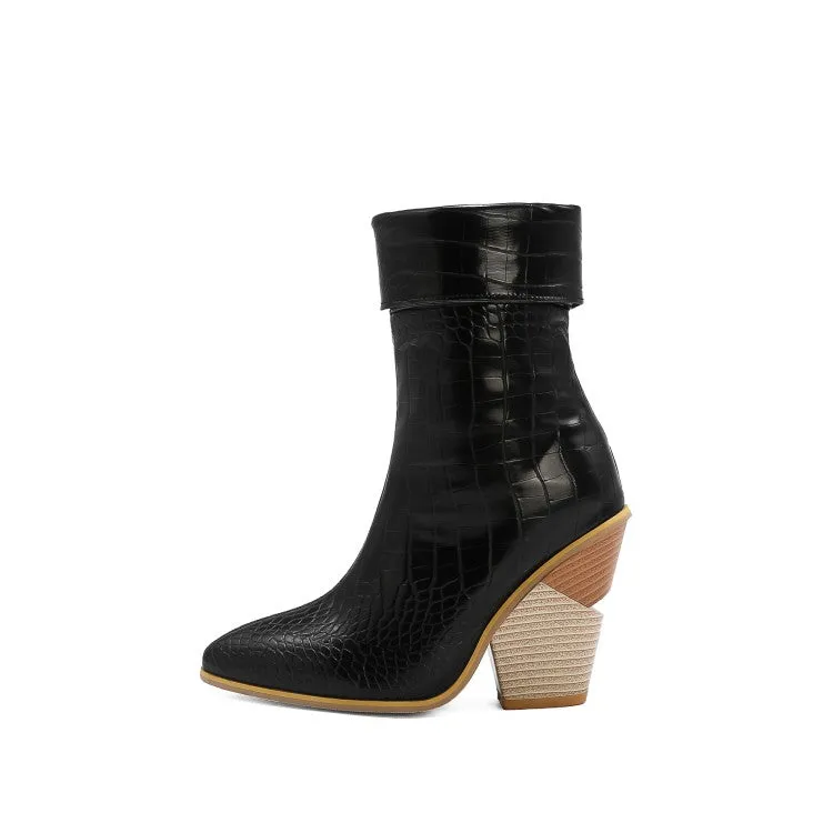 Women's Crocodile Pattern Fold Block Chunky Heel Short Boots