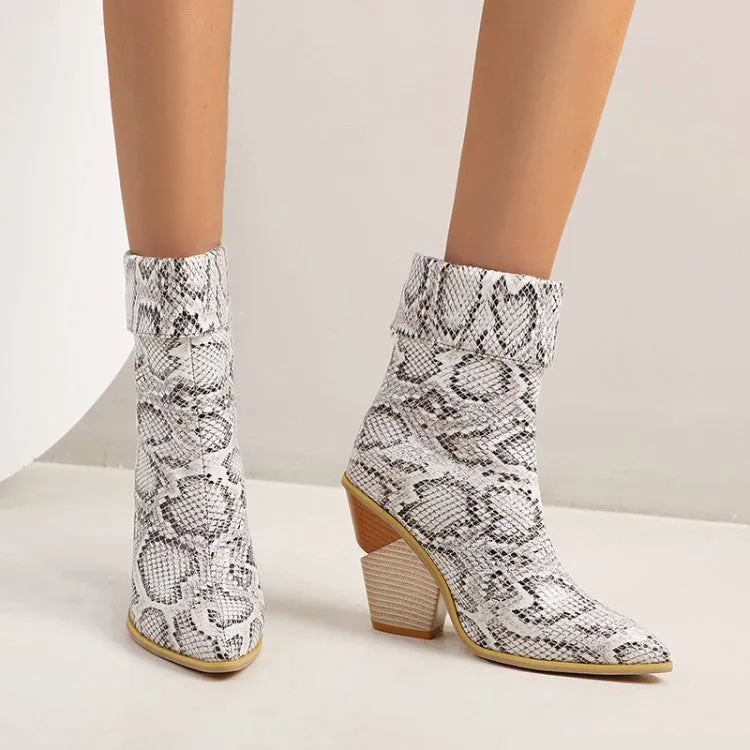 Women's Crocodile Pattern Fold Block Chunky Heel Short Boots