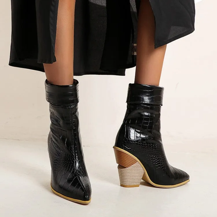 Women's Crocodile Pattern Fold Block Chunky Heel Short Boots