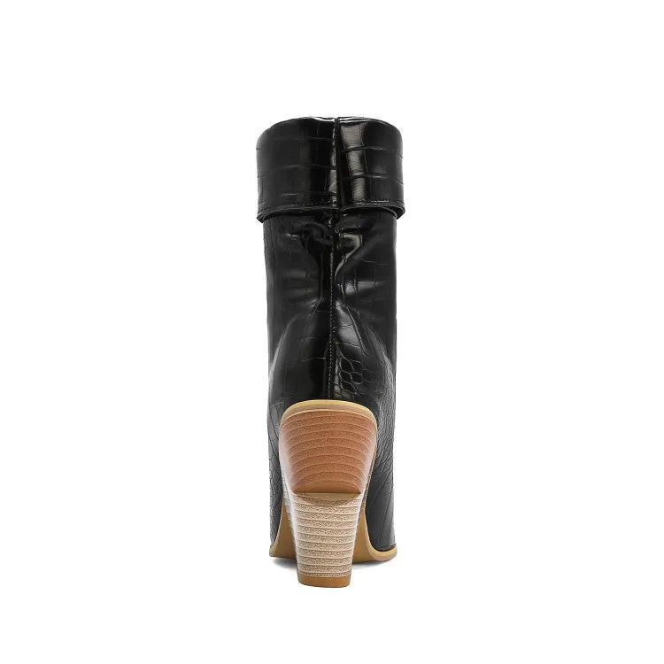 Women's Crocodile Pattern Fold Block Chunky Heel Short Boots