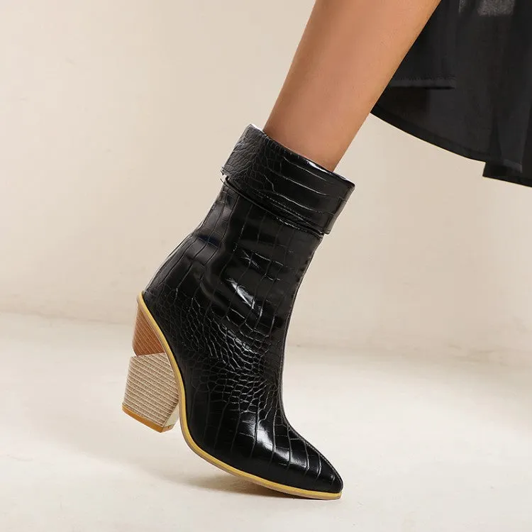 Women's Crocodile Pattern Fold Block Chunky Heel Short Boots