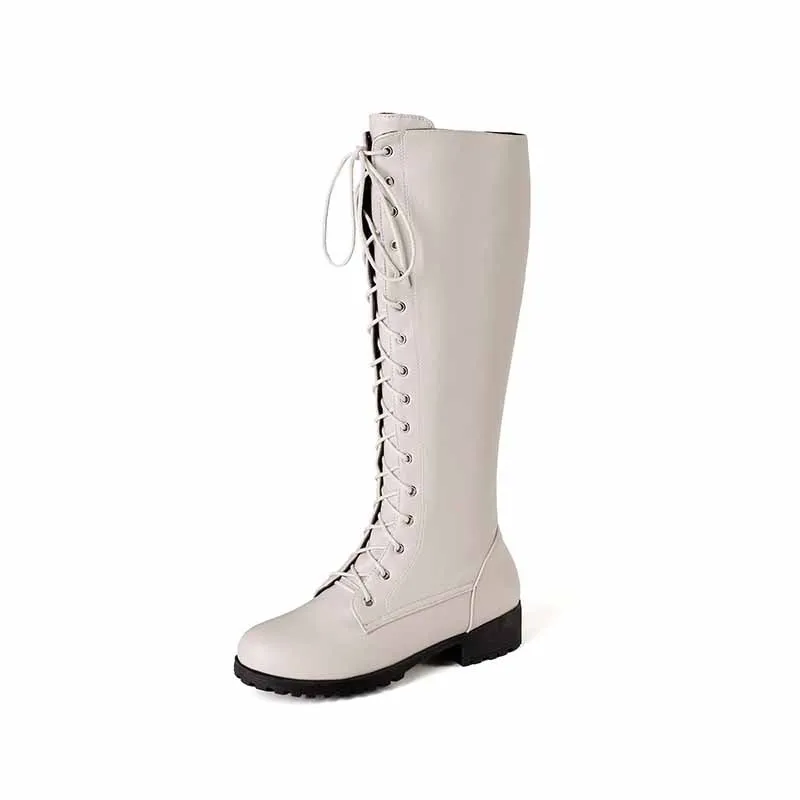 Women's lace up knee high boots plus size low heel boots