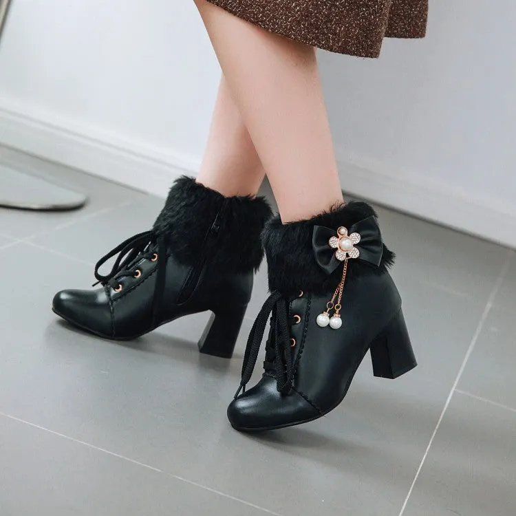 Women's Lace Up Rhinestone Bowtie Tassel Block Heel Ankle Boots