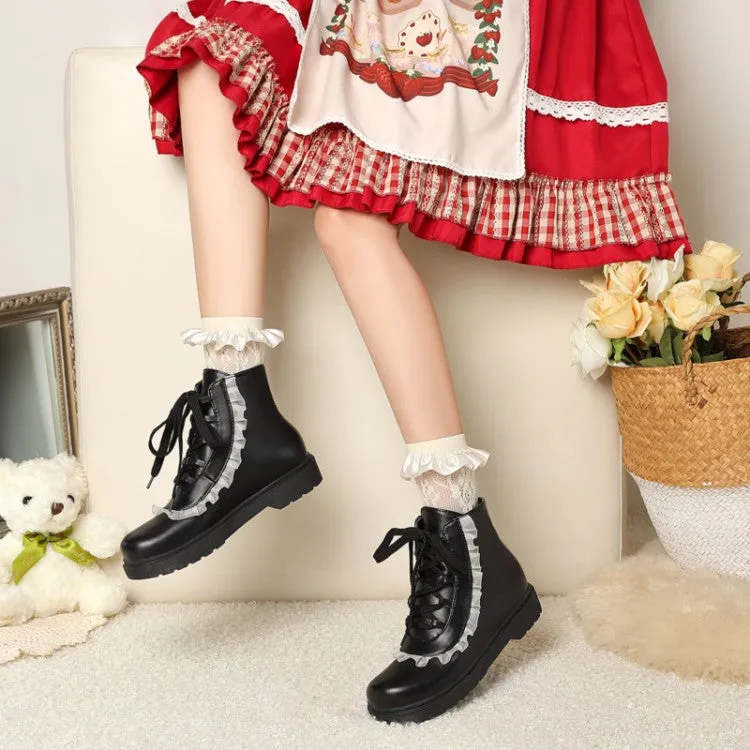Women's Pu Leather Lolita Lace Up Flat Ankle Boots