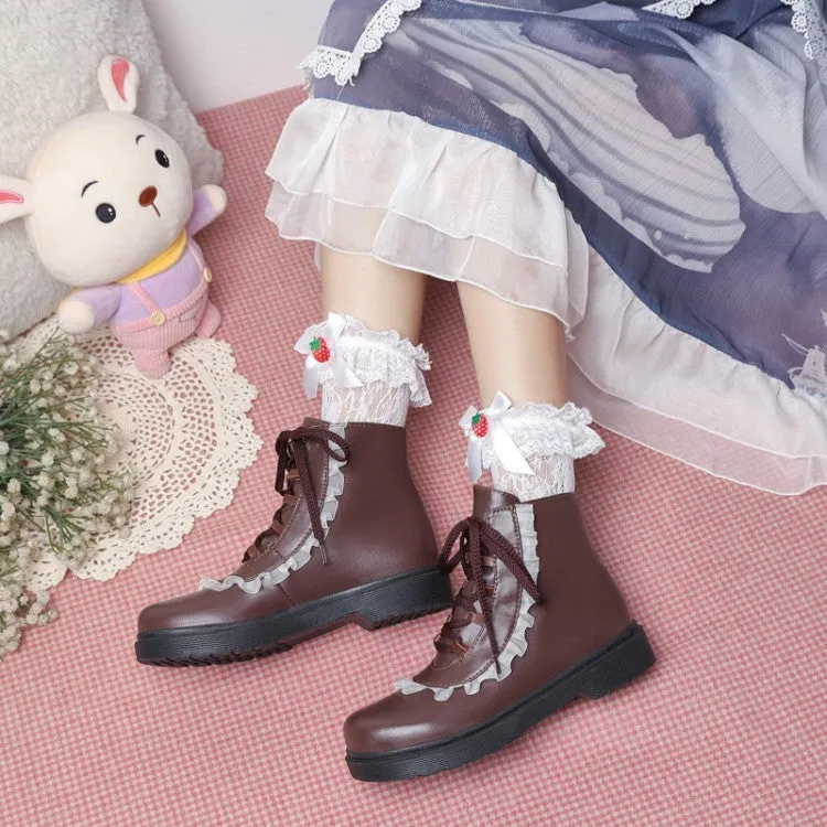 Women's Pu Leather Lolita Lace Up Flat Ankle Boots
