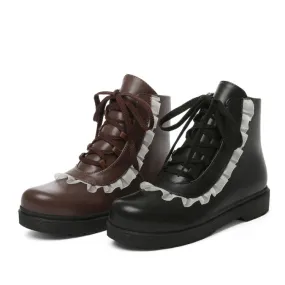 Women's Pu Leather Lolita Lace Up Flat Ankle Boots
