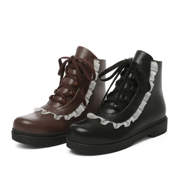 Women's Pu Leather Lolita Lace Up Flat Ankle Boots