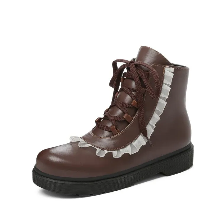Women's Pu Leather Lolita Lace Up Flat Ankle Boots
