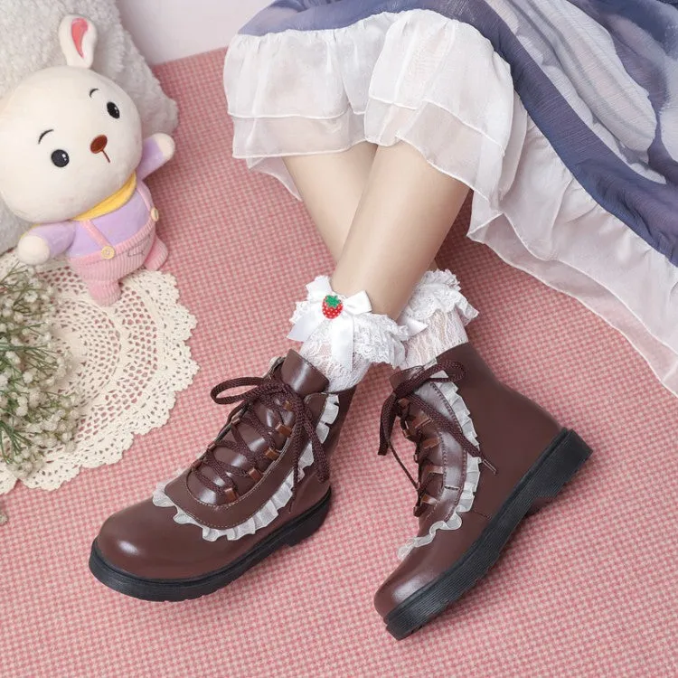Women's Pu Leather Lolita Lace Up Flat Ankle Boots