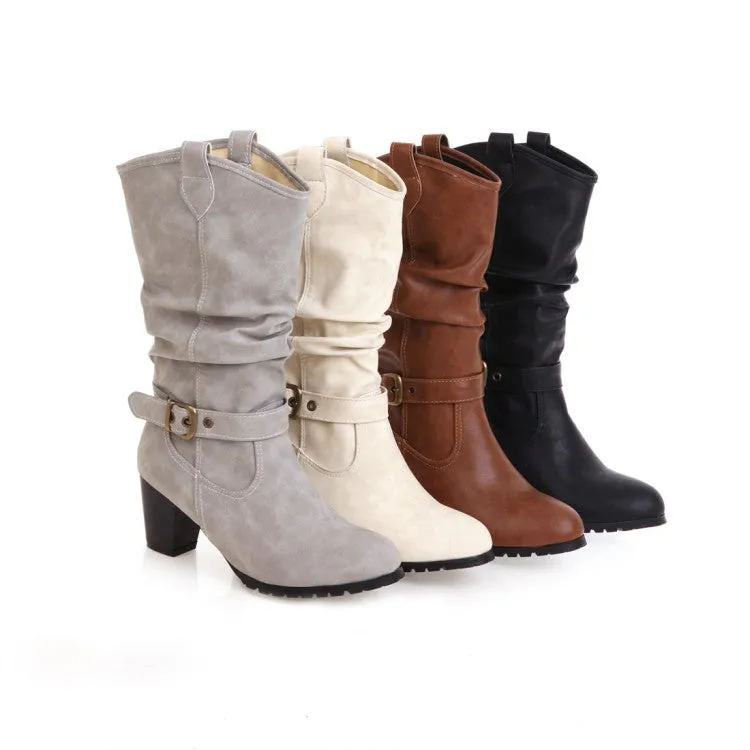 Women's Pu Leather Pointed Toe Belts Buckles Stitching Block Heel Mid Calf Boots
