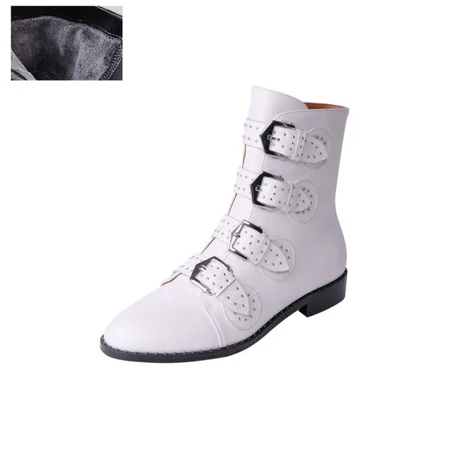 Women’s Real Leather Ankle Boots – Rivets & Buckle Punk Boots, Studded Gothic Designer Shoes