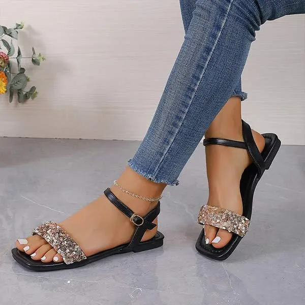 Women's Square-Toe Flat Sandals with Shimmering Detail 56309125C