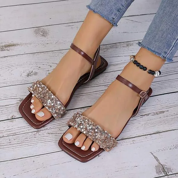 Women's Square-Toe Flat Sandals with Shimmering Detail 56309125C