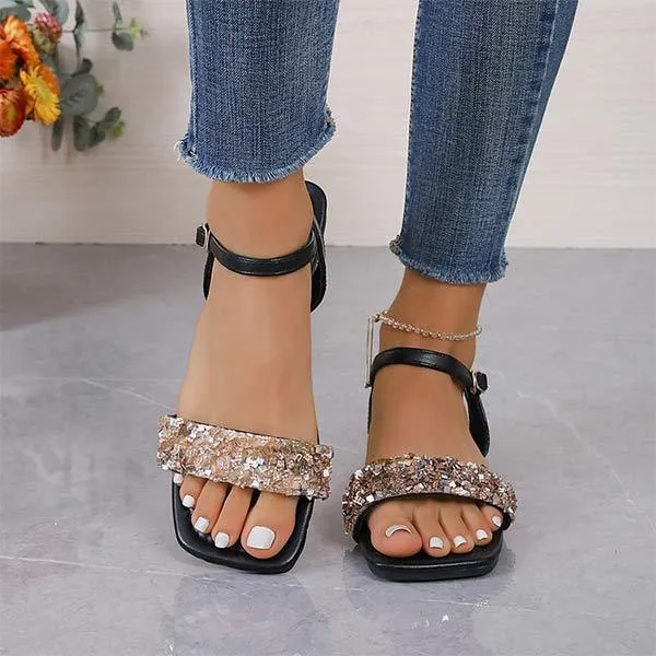 Women's Square-Toe Flat Sandals with Shimmering Detail 56309125C
