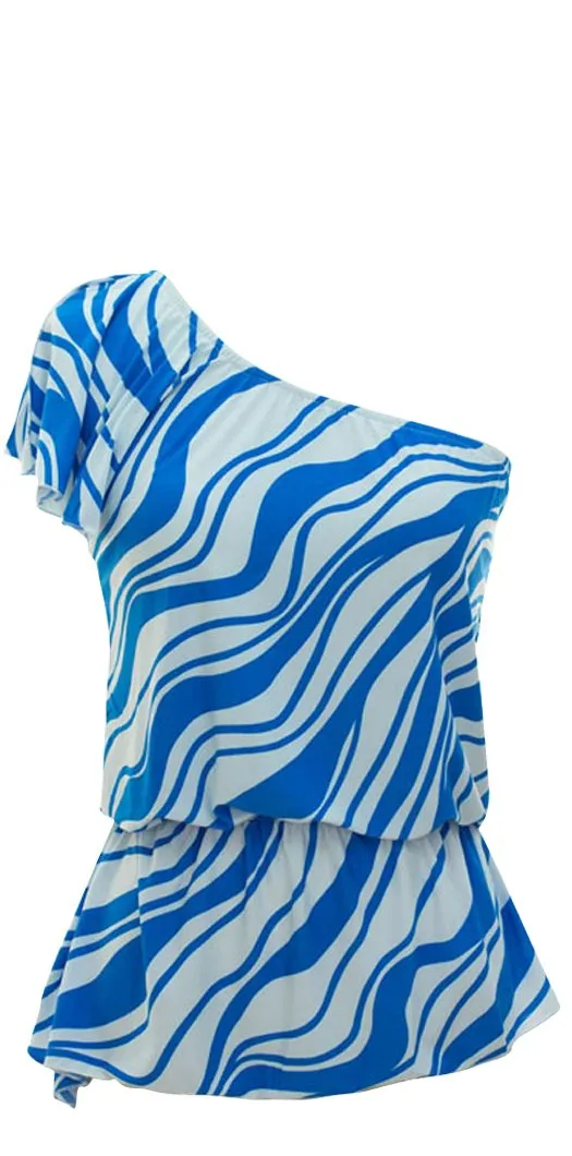 Women's Wave Print Shirred Waist One Shoulder Tops