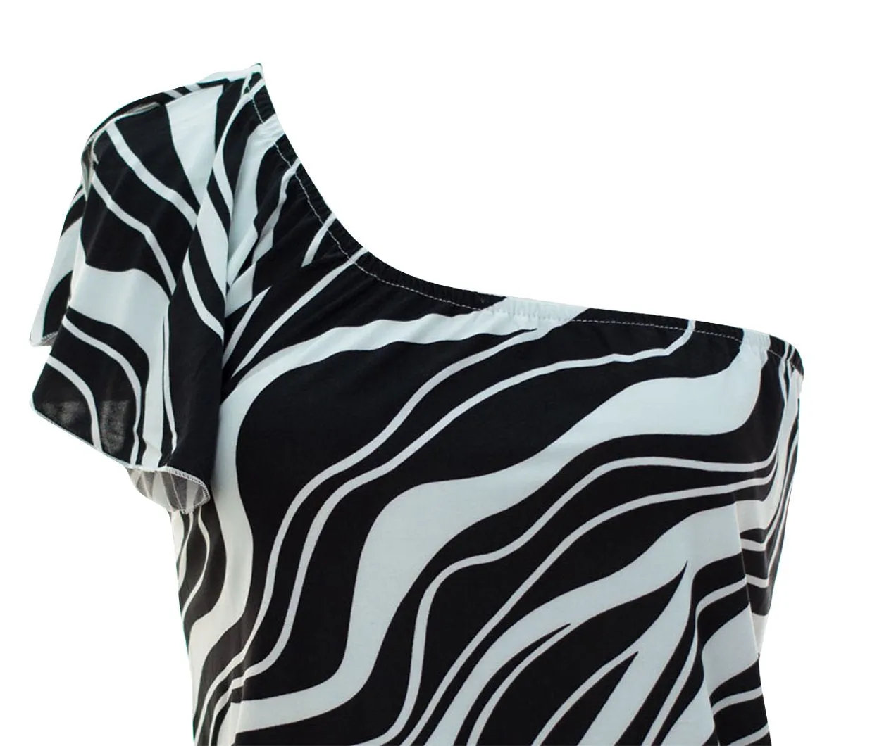 Women's Wave Print Shirred Waist One Shoulder Tops