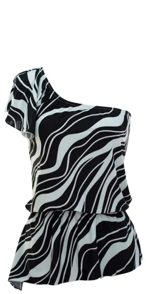 Women's Wave Print Shirred Waist One Shoulder Tops