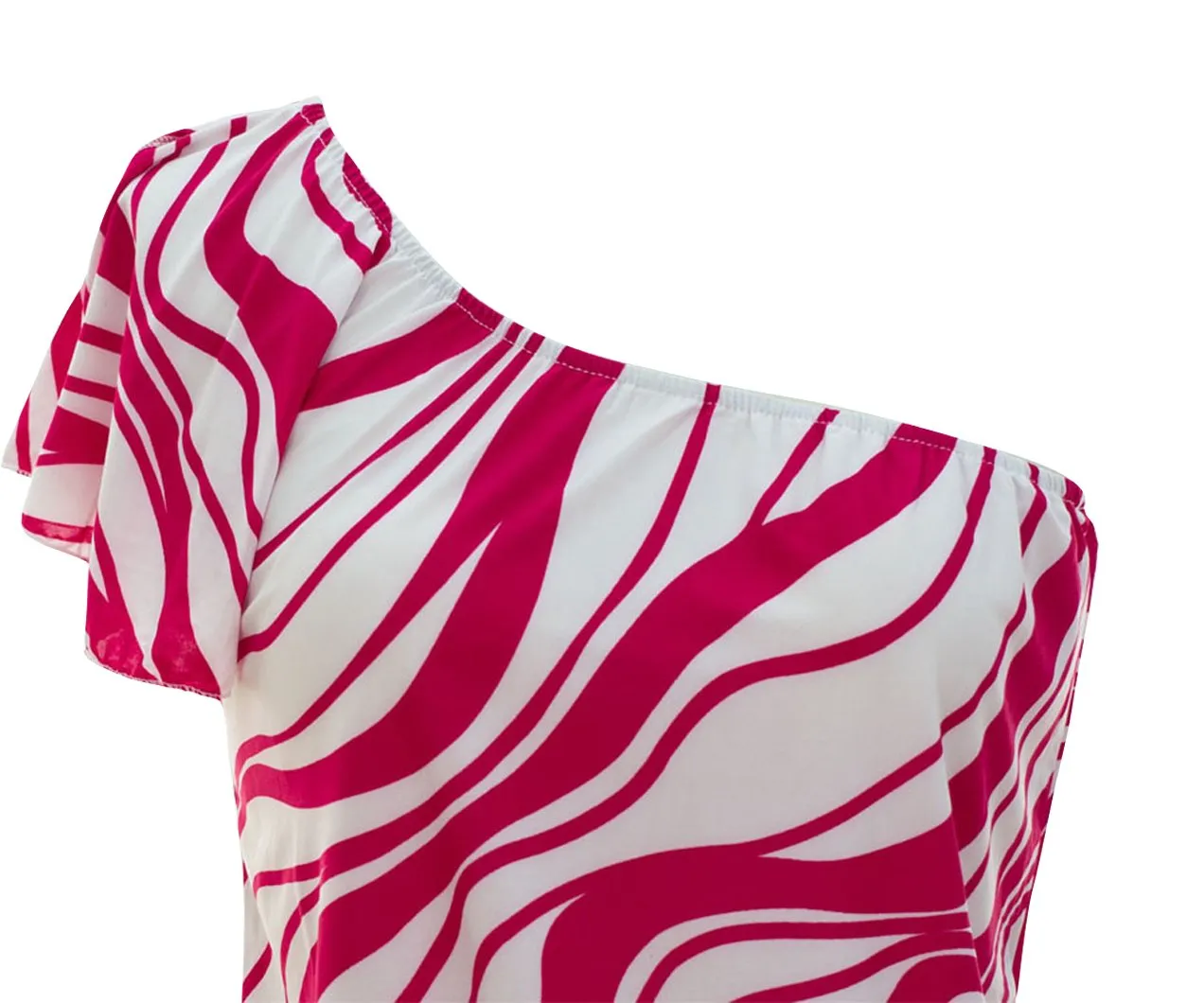 Women's Wave Print Shirred Waist One Shoulder Tops