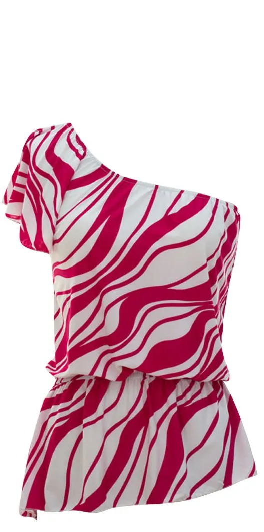 Women's Wave Print Shirred Waist One Shoulder Tops
