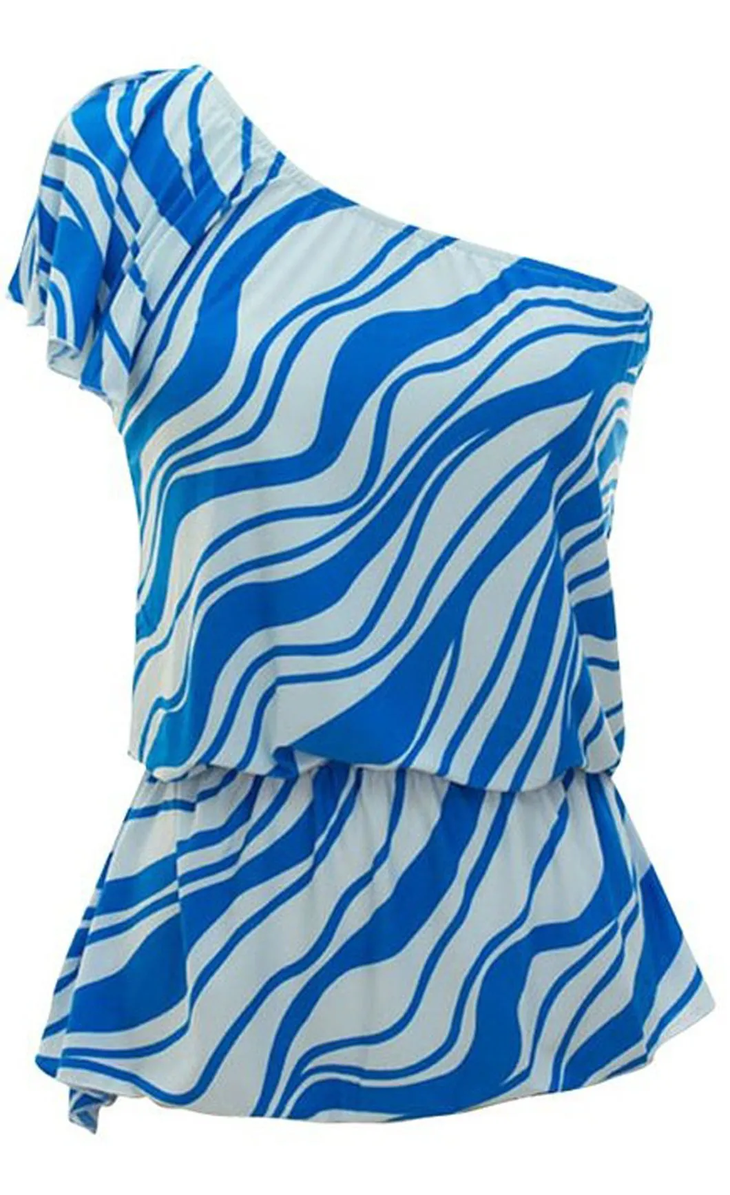 Women's Wave Print Shirred Waist One Shoulder Tops